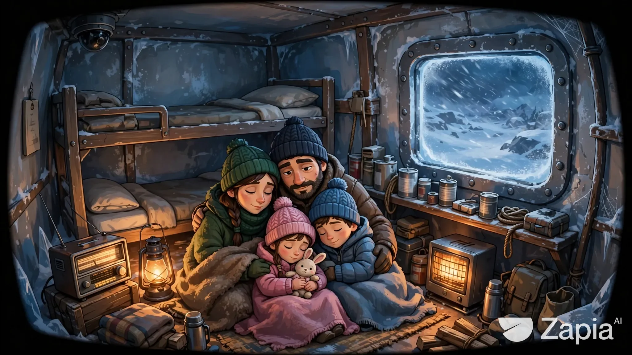 Vista general del refugio con la familia reunida cerca de la estufa